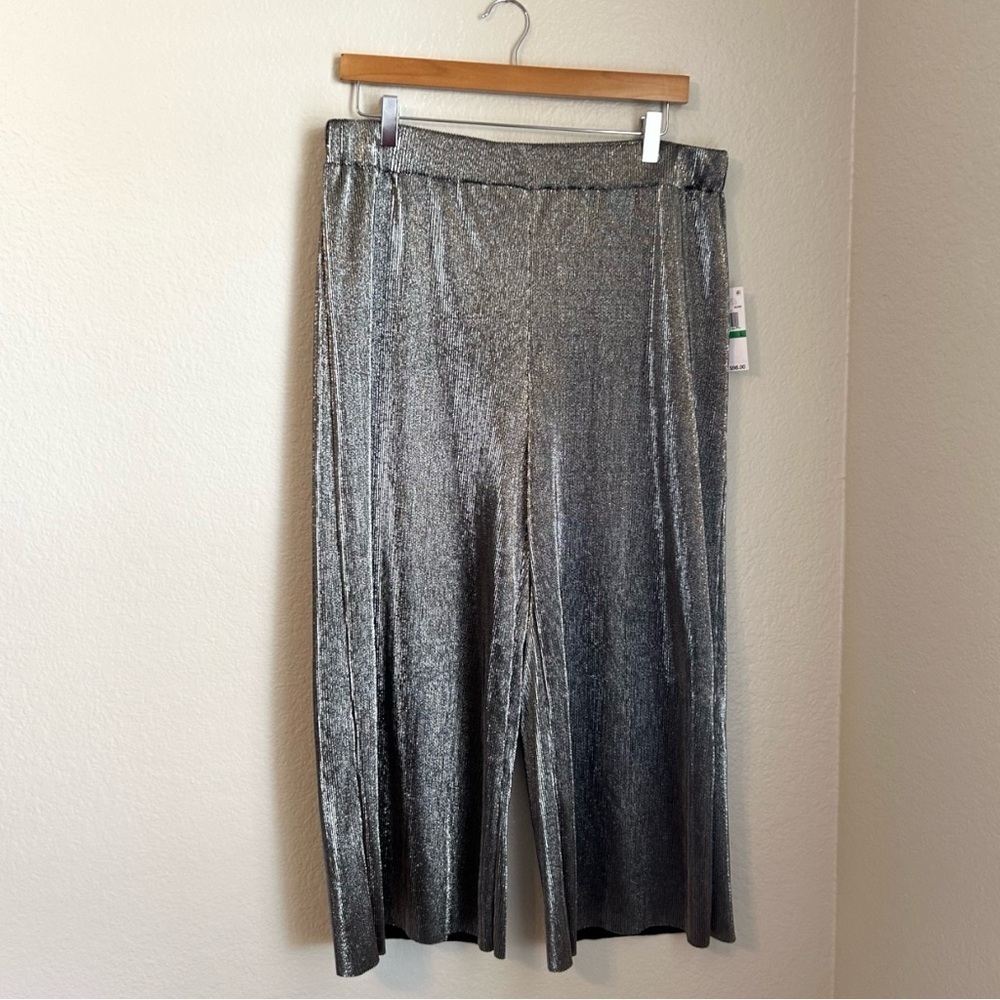 NWT Michael Kors Silver Metallic Textured Wide Leg Cropped Pants Size Large
